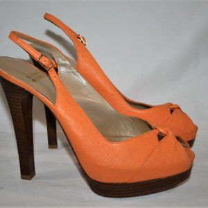 New Stuart Weitzman Orange Leather Peep Toe Slingbacks   Size 8 M
